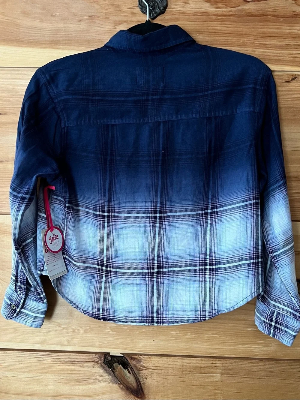 NWT Justice Girls’ Navy Ombre Plaid Button-Down Shirt Super Soft Cropped Preppy
